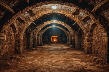 Obraz premium Ancient stone cellar with arches and a light at the end.