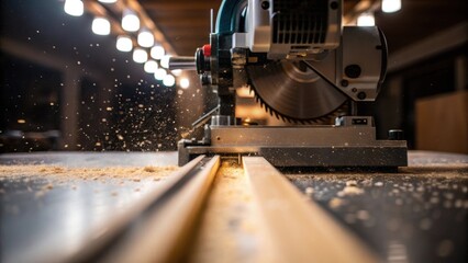 A closeup shot of a miter saw in action with a precision being made on a baseboard droplets of sawdust suspended in the warm glow of overhead lights illustrating the meticulous