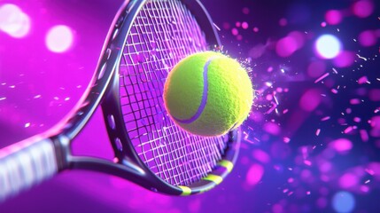 Dynamic tennis scene capturing a vibrant yellow ball in motion towards a stylish racket under bright lights.