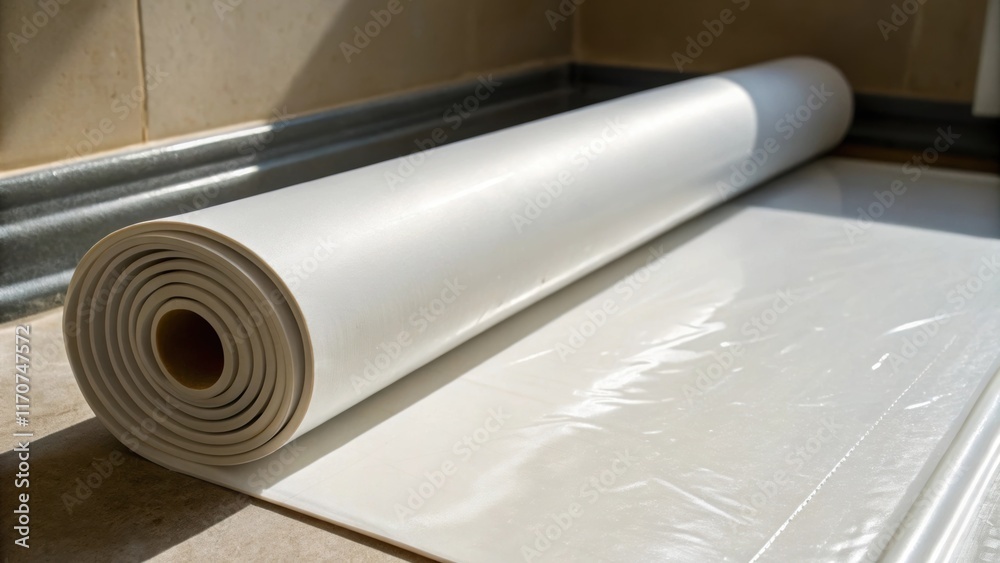 Poster A closeup view of a rolledup shower pan liner partially unfurled to reveal the smooth surface. The play of light creates shadows accentuating the roundness of the roll and the