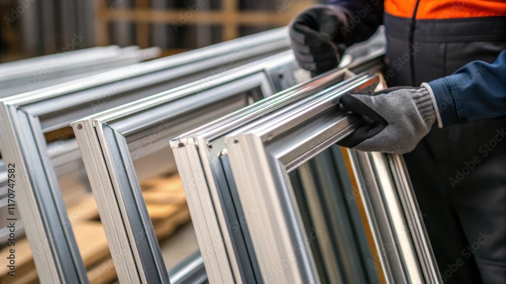 Poster A closeup view of multiple aluminum window frames leaning against each other showcasing the precision engineering of the corners and joints with a construction workers gloved hand