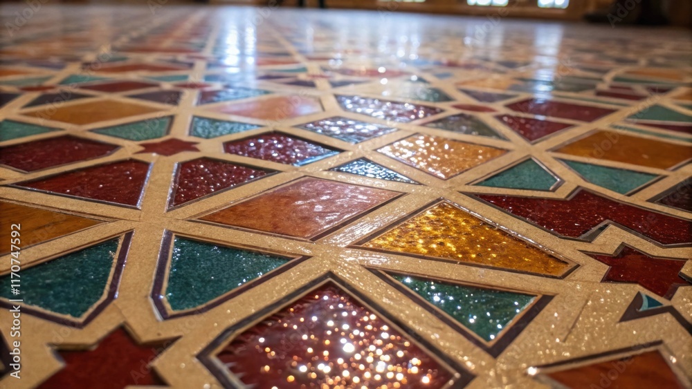 Poster A closeup view of a richly colored mosaic tile floor showcasing geometric shapes interspersed with tiny sparkling glass pieces. The light glints off the polished surfaces creating
