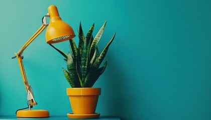 Yellow lamp illuminating plant, teal wall, home decor
