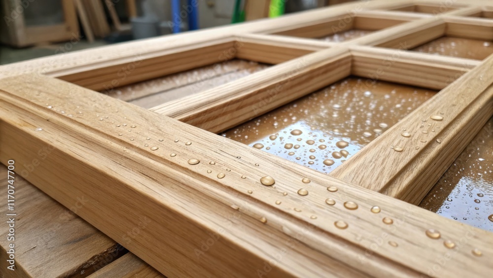 Poster a closeup view of the intricate joinery of a wooden cat window highlighting the precision corners an