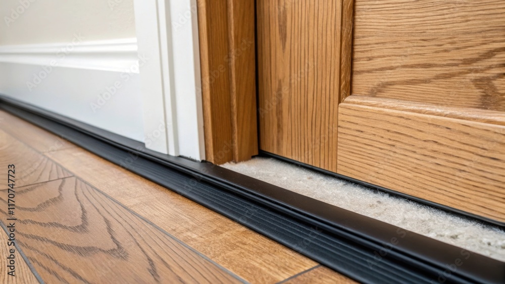 Poster A closeup view of newly applied weather stripping tape neatly positioned along the bottom edge of a door frame. The smooth black rubber contrasts with the natural wood grain