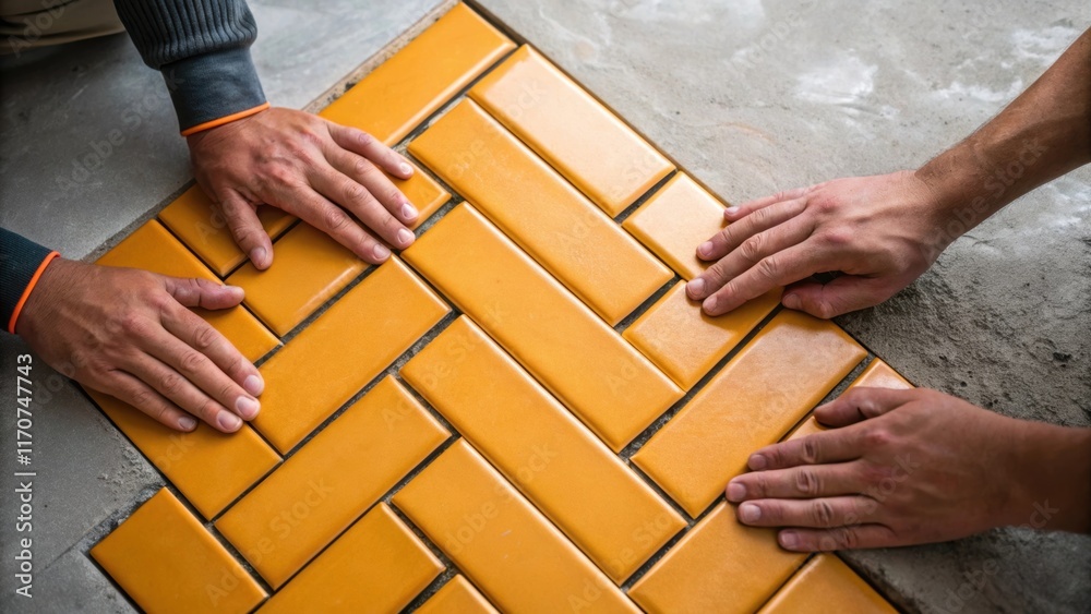 Aufkleber A closeup view of two workers hands carefully placing tiles in a herringbone layout with a focus on the precision involved in aligning the edges. The vibrant glossy finish of the