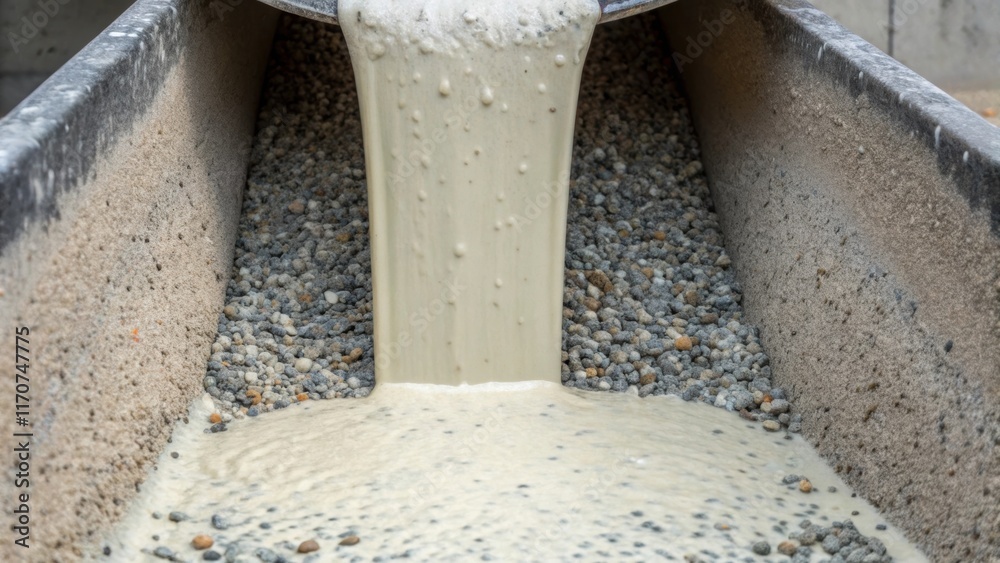 Poster A closeup view of the mixers discharge chute as a cascade of freshly mixed concrete flows out revealing specks of gravel amidst the creamy texture. The contrasting colors of the