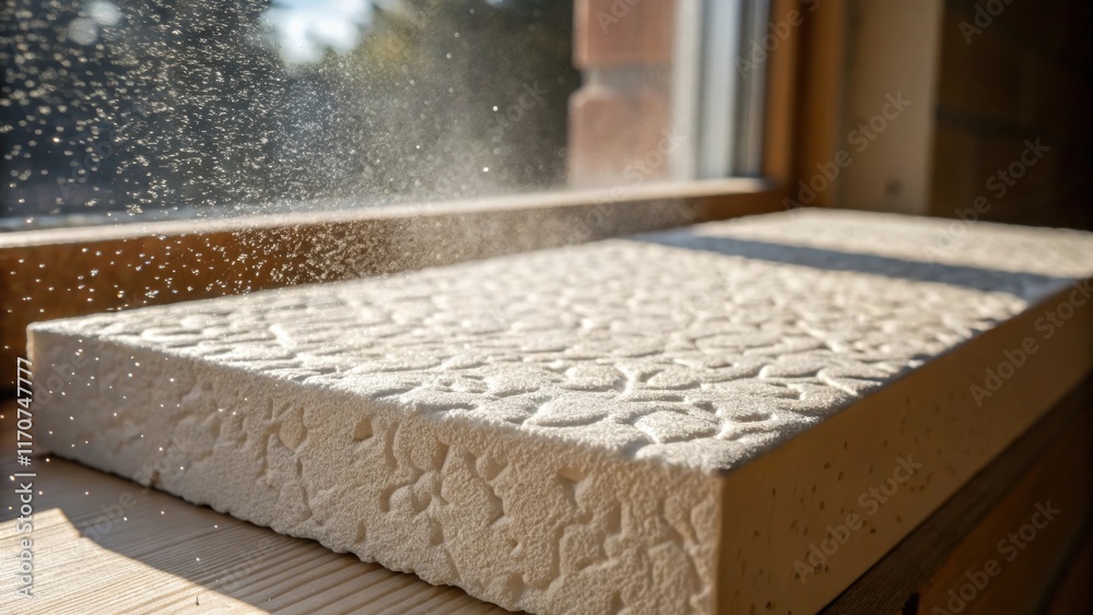 Aufkleber A closeup view of the textured surface of a rigid foam insulation board revealing its intricate patterns and varying thicknesses. Dust particles dance in the beam of light from a