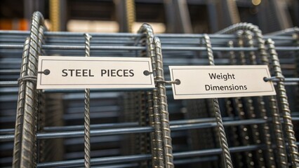 A closeup view of the labels or tags attached to each steel piece indicating specifications such as weight and dimensions. The disciplined organization reflects a strategic