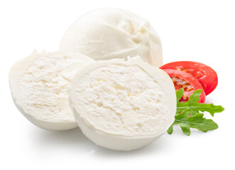 Ball of burrata cheese and cross cut of burrata with stracciatella and clotted cream inside on white background. File clipping path.