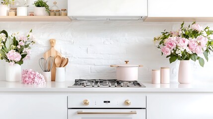 Modern white kitchen with pink flowers, cookware, and wooden utensils on countertop.