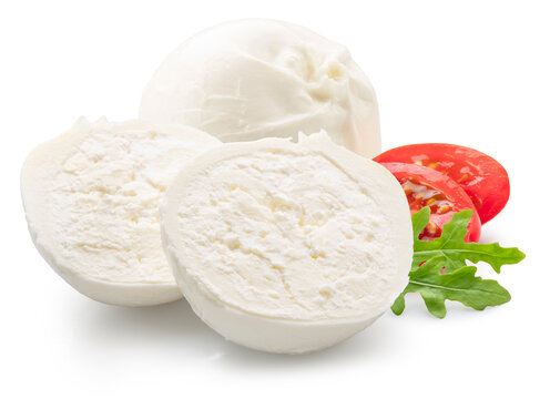 Ball of burrata cheese and cross cut of burrata with stracciatella and clotted cream inside on white background. File clipping path.
