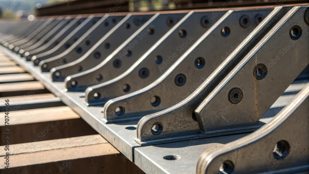 Aufkleber A close view of a series of structural steel brackets fixed in place showcasing their curved edges and drilled holes that are integral for constructing durable frameworks. The