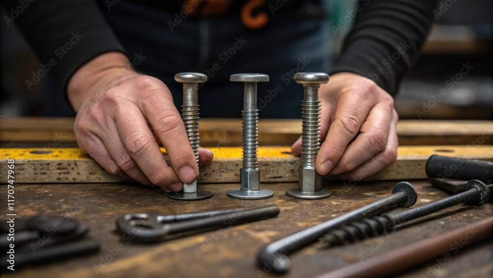 Poster A close view of hands gently placing different types of metal anchors on the workbench with the focus on the contrast between the gritty textures of the metal and the smooth finish