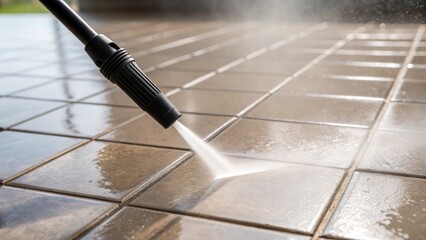 A close view of a highpressure hose running alongside freshly laid tiles reflecting soft light as tiny dust particles drift in the air encapsulating the ambiance of a renovation in