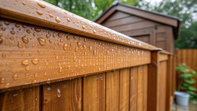 A close view captures the smooth finish of a freshly stained wooden fence panel droplets of water glistening after a gentle rain. The rich earthy scent of the wood mingles with the