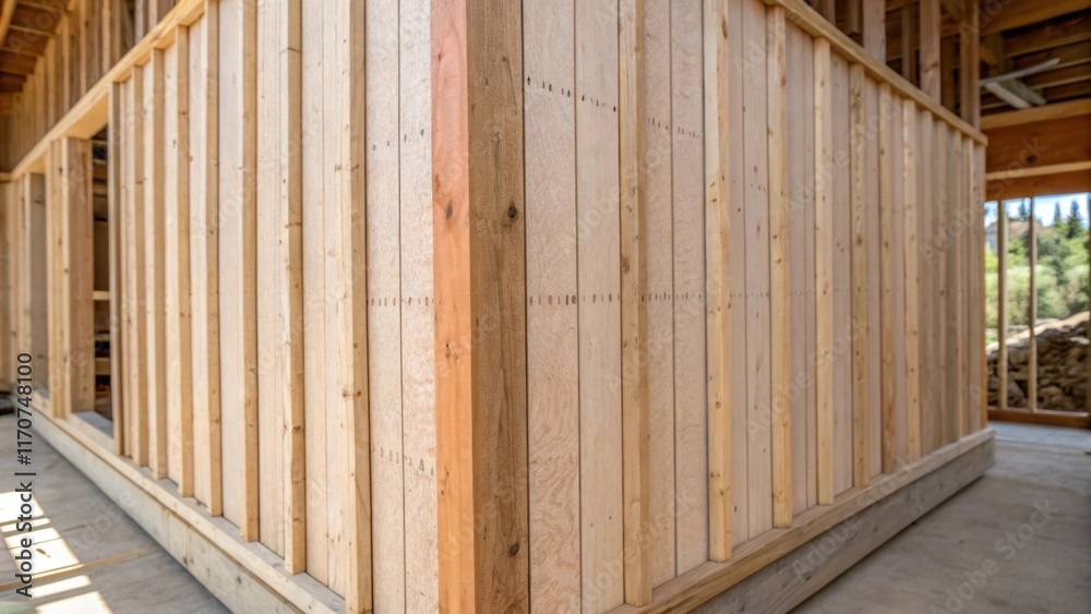 Poster A corner shot highlighting the vertical alignment of wall sheathing panels with fading lines and marks from previous uses. The wooden frame stands firm hinting at the structural
