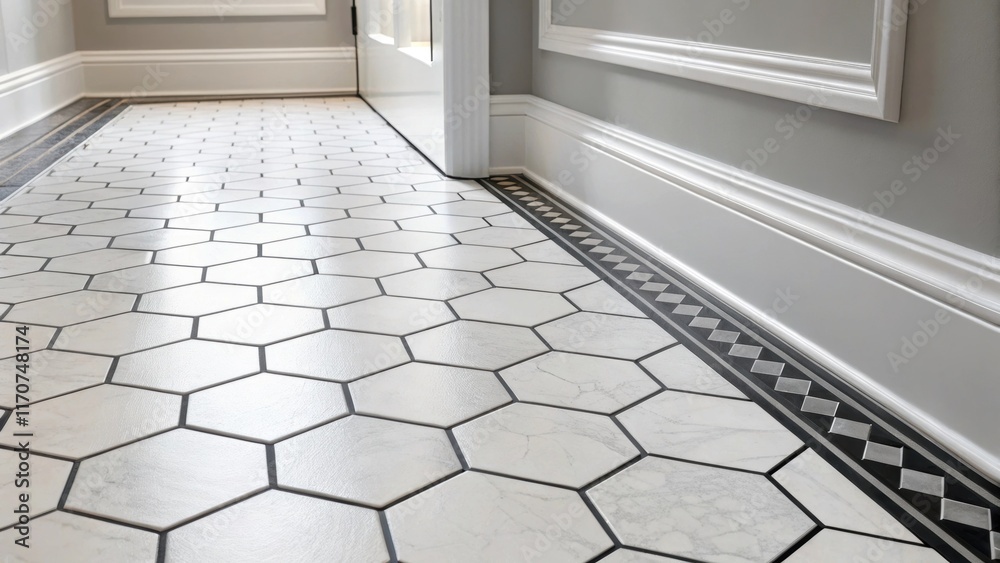 Poster a corner perspective highlights the seamless transition between the hexagonal tile flooring and the 