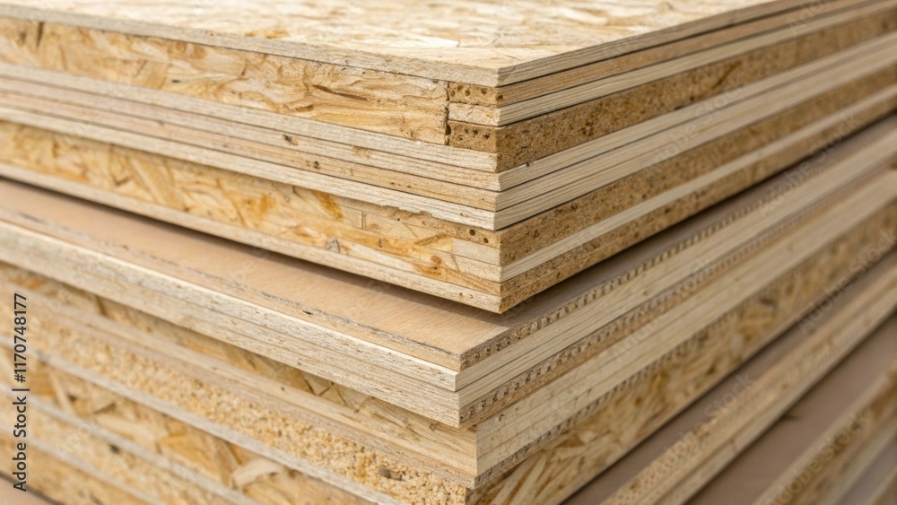 Poster A crosssection view of stacked OSB panels revealing the layered composition and structural depth. The closely knit strands are visible showing how engineered wood products provide