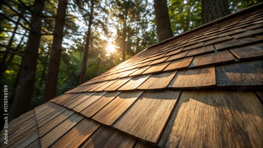Aufkleber A concentrated perspective of a single shingle emphasizing its unique patterns and color variations. Sunlight filters through nearby trees casting soft dappled shadows that enhance
