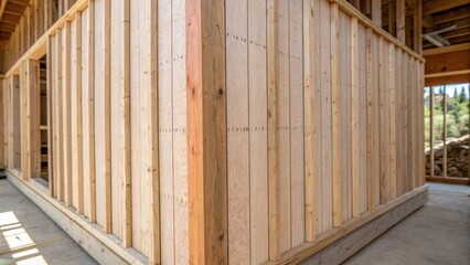 A corner shot highlighting the vertical alignment of wall sheathing panels with fading lines and marks from previous uses. The wooden frame stands firm hinting at the structural