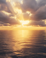Fototapeta premium Sun rays breaking through clouds over a calm sea, symbolizing hope and peace. Nature and Serenity mockup