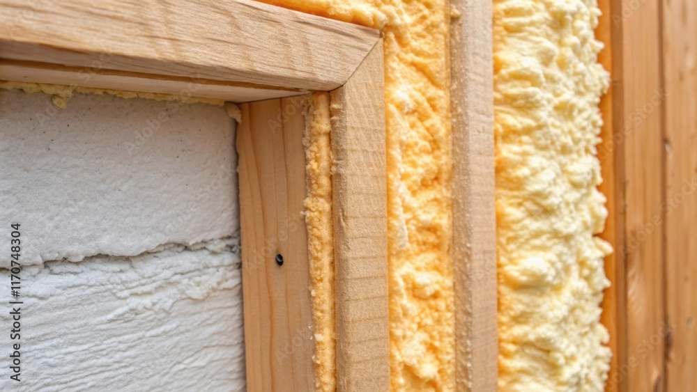 Aufkleber A detailed closeup of spray foam being applied to a wall cavity capturing the way it expands and adheres to the edges of the framing. The foam is vibrant and textured contrasting