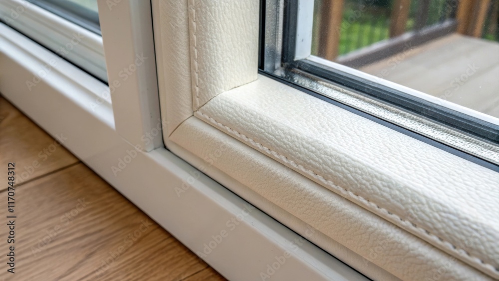 Poster A detailed closeup reveals a corner of the vinyl window frame featuring the cushioning of the protective padding. The paddings texture contrasts beautifully with the smooth finish