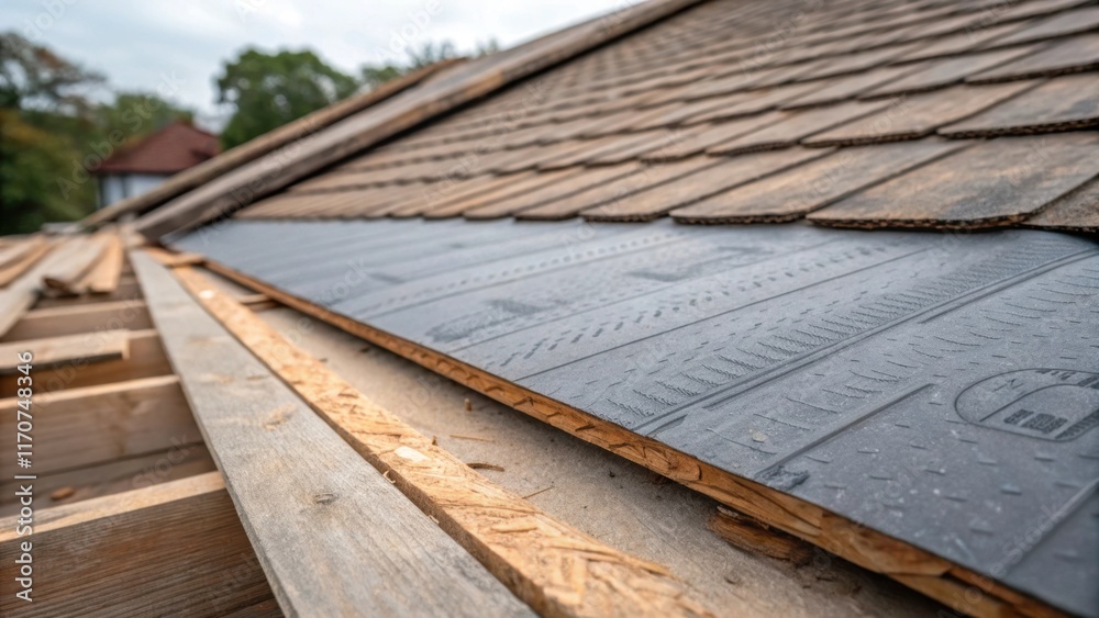 Aufkleber A detailed examination of the textured surface of the underlayment featuring subtle ridges and patterns juxtaposed against the aged weathered wood of the roofs framework. Pieces of