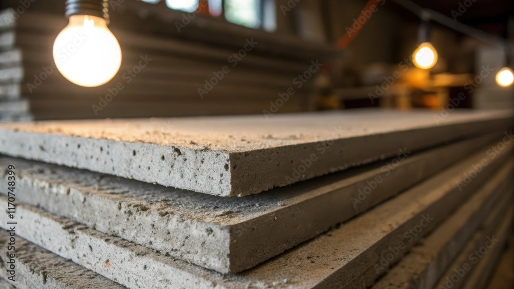 Poster a detailed image capturing the edges of cement boards with fine dust particles clinging to the surfa