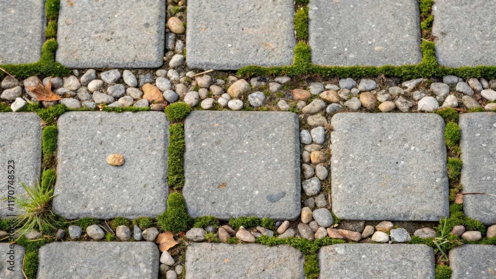 Leinwandbilder A detailed image of the meticulous grout lines between the stone pavers highlighting the precision involved in their arrangement with tiny pebbles and hints of moss nestled in the