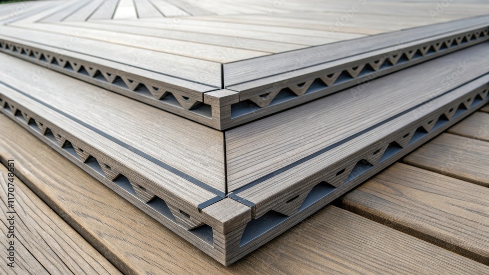 Aufkleber A detailed perspective of the edges of composite decking planks where the interlocking design is perfectly aligned. The sharp angles and smooth transitions are emphasized