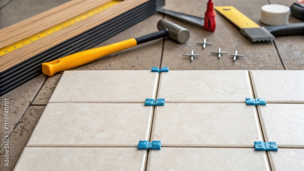 Poster A detailed shot highlights the junction between two tiles with pre tile spacers carefully inserted ensuring a precise gap. The surrounding area showcases a tering of tiling tools