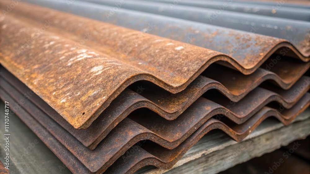 Poster a detailed shot focusing on the rugged texture of weathered metal sheets stacked together showcasing