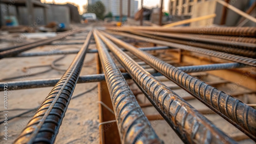 Poster A detailed shot focusing on the texture of the rebar where the ridged surface catches the light reflecting a rugged unfinished beauty surrounded by a tered array of loose ties and