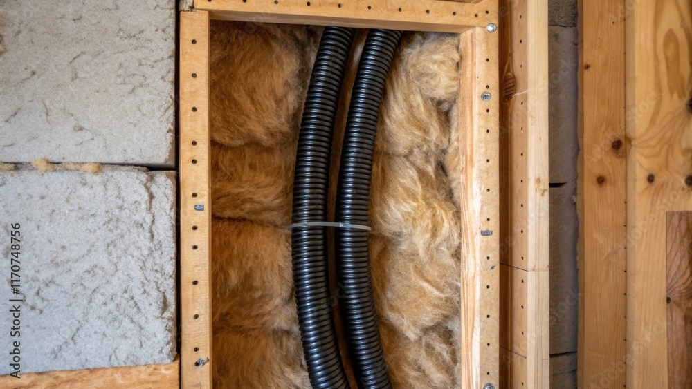 Poster A detailed shot of an open wall cavity revealing insulation material juxtaposed with dark twisting electrical wires snaking through the space. The contrast between the fuzzy
