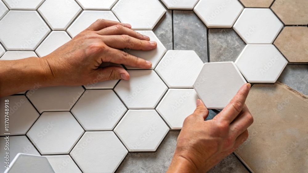 Fototapete A detailed shot showcasing a pair of hands meticulously placing a hexagonal tile into position highlighting the precision that goes into achieving the custom flooring pattern. The