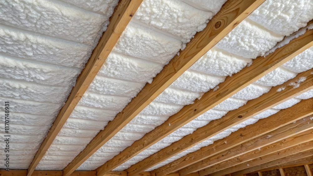 Poster a detailed shot showcases the dense texture of the spray foam insulation as it adheres to the unders