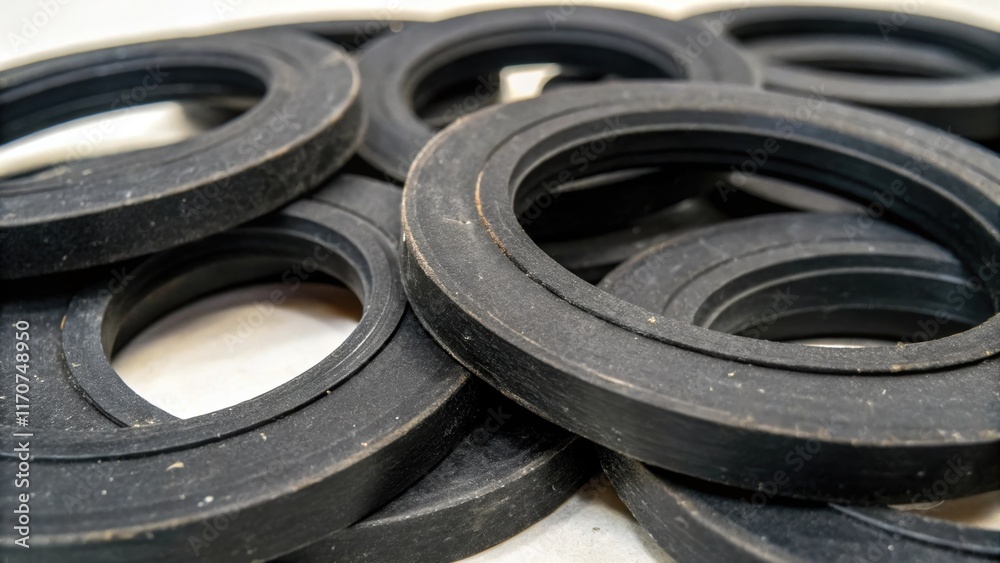 Poster a detailed view focuses on a of rubber gaskets their rich black color and uniform roundness emphasiz