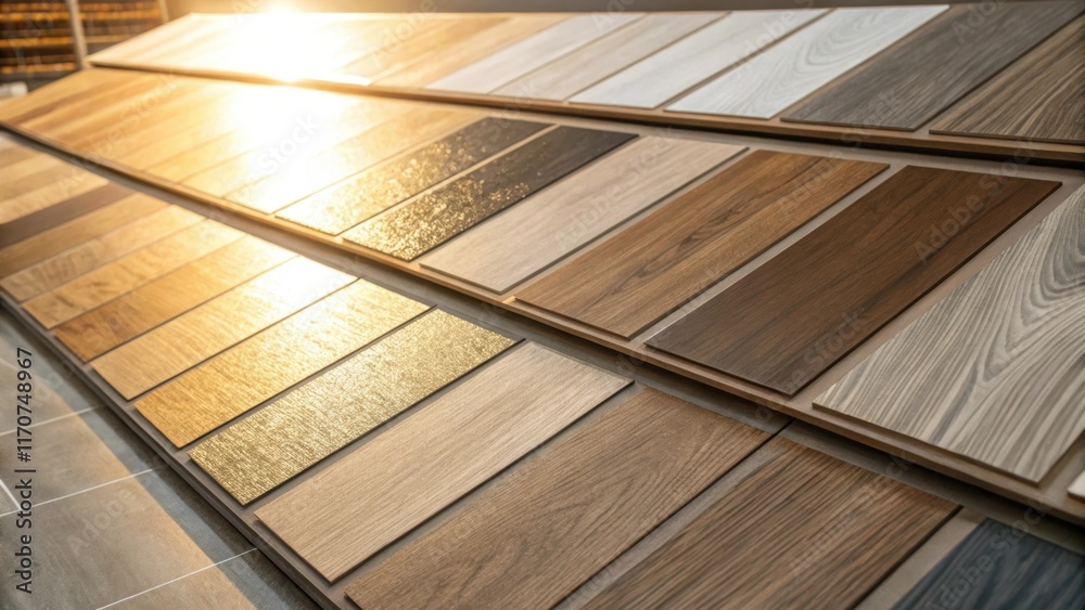 Poster a detailed view of a laminate flooring sample board with a variety of finishesmatte glossy and embos