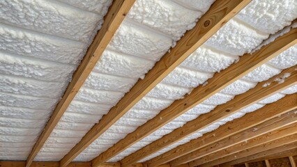 A detailed shot showcases the dense texture of the spray foam insulation as it adheres to the underside of the roof deck. Sprayed at a slight angle the foam cascades downwards