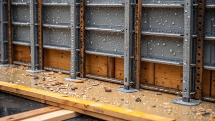 A detailed view of a vertical formwork setup with water droplets glistening on the surface from recent rain. The panels display signs of wear with some areas splattered with