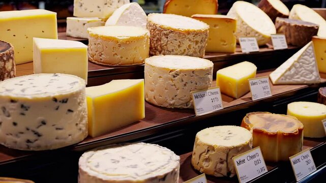 Assorted Gourmet Cheeses in Market Display