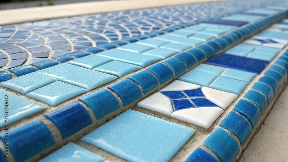 Aufkleber A detailed shot of two rows of mosaic tiles intertwined with the bright blue tile spacers forming a captivating pattern. The camera captures droplets of grout hovering above the