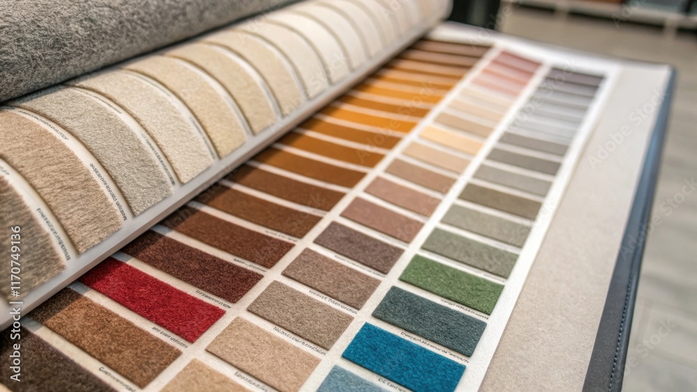 Aufkleber A detailed view of the color swatches attached to a carpet roll showcasing an array of hues from cool greys to warm earth tones offering a glimpse into the selection process for