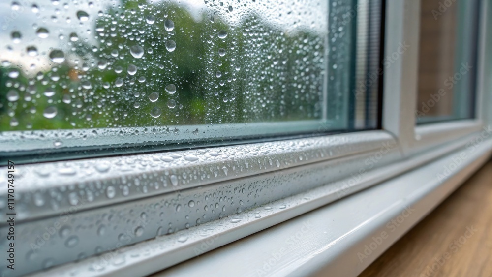 Leinwandbilder A detailed view of condensation forming on the edge of a stacked storm window hinting at the thermal regulation properties with droplets clinging to the glass and reflecting the