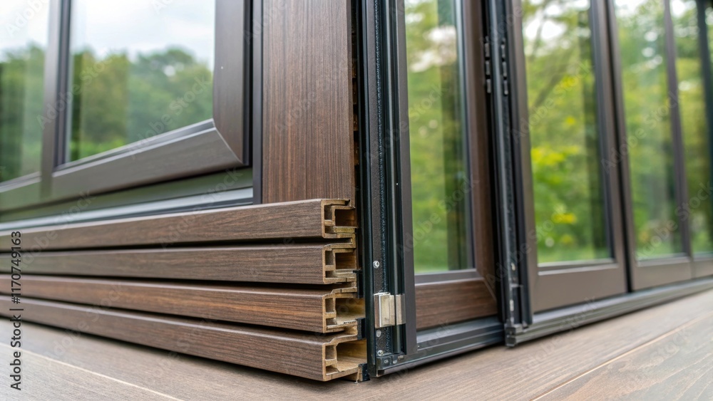 Poster A detailed view of the bifold door panels stacked neatly revealing the layered composition and fine finish with a hint of greenery visible through the transparent glass symbolizing