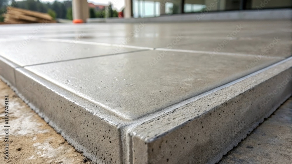 Poster A detailed view of the concrete surface where it meets a large floor tile showcasing the clean lines and precision in the finish. The texture of the concrete slightly roughened by