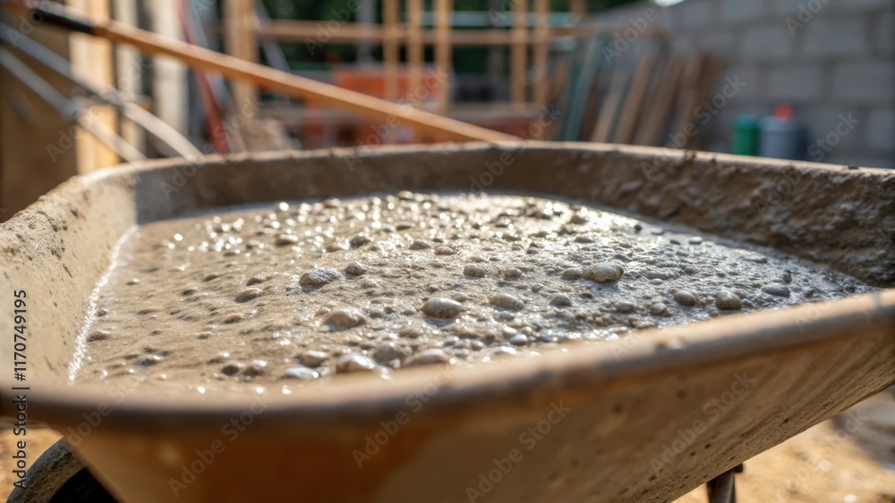 Poster a detailed view of the concrete mixture in the wheelbarrow showcasing the interplay of light and sha