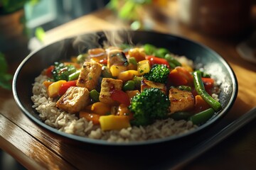 A vibrant vegetarian stir-fry featuring colorful vegetables and tofu atop a bed of brown rice.